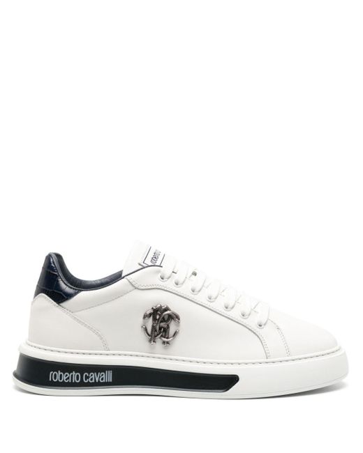 Roberto Cavalli White Mirror Snake-embellished Leather Sneakers for men