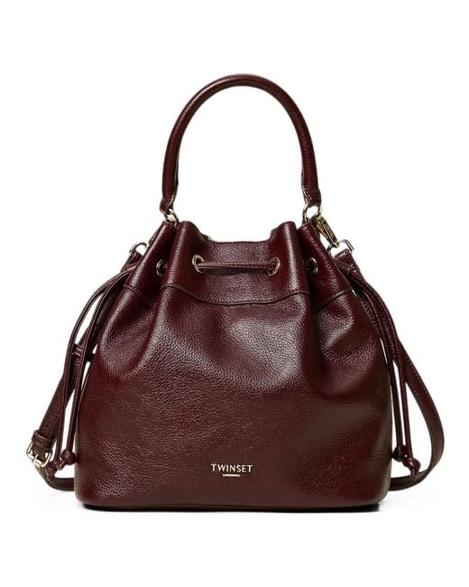 Twinset Brown Pebbled Drawstring Bucket Bag