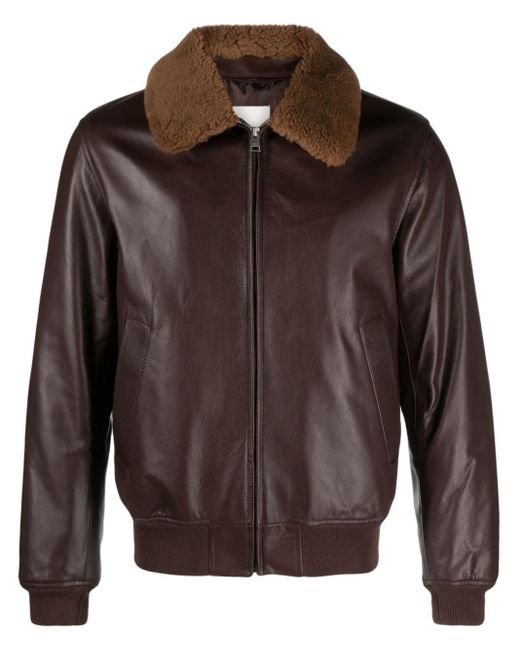 Sandro Brown Shearling-collar Leather Jacket for men