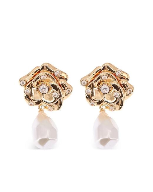 Self-Portrait Metallic Crystal-Embellished Flower Pearl Earrings