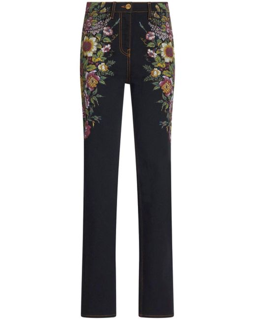 Etro Black Floral-jacquard Tapered Jeans