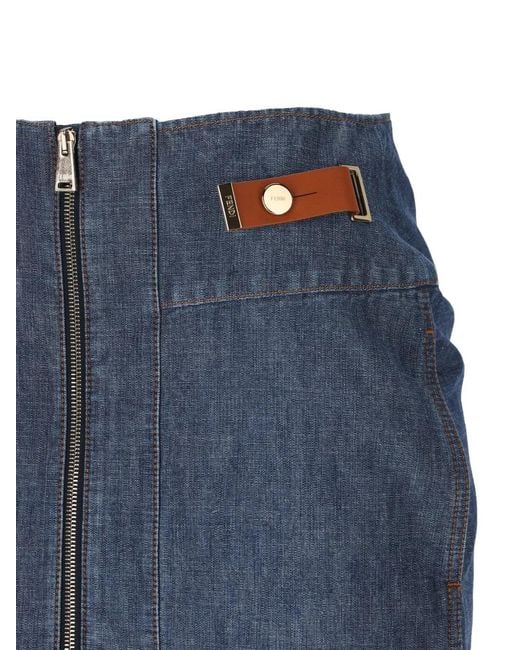 Fendi Blue Zip-Fastening Leather-Detail Denim Skirt