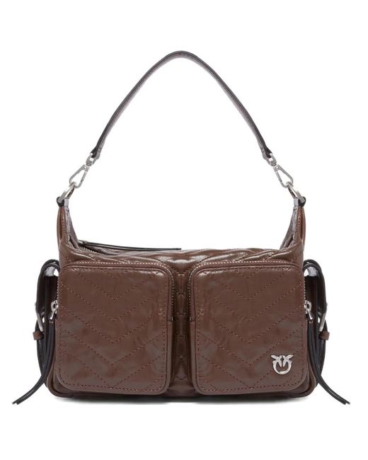 Pinko Brown Quilted Multi-Pocket Shoulder Bag