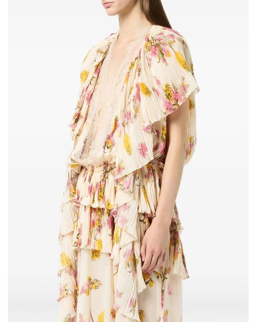 Blumarine White Floral Pleated Ruffled Dress