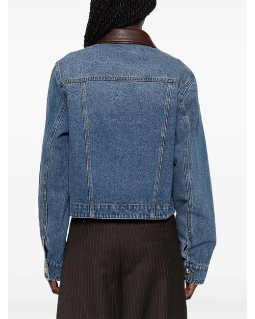Sandro Blue Leather-Collar Button-Up Denim Jacket