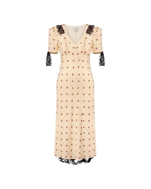 POST MERIDIEM Natural Lace-Trim Floral-Print Midi Dress