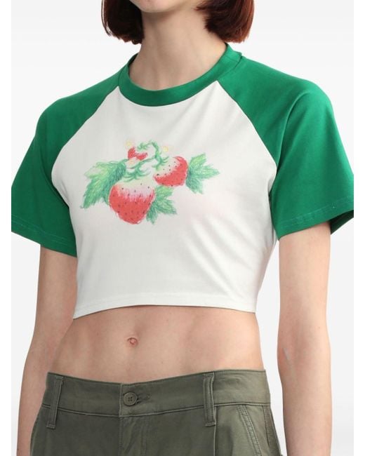 YUHAN WANG Green Cropped-T-Shirt mit Erdbeeren-Print