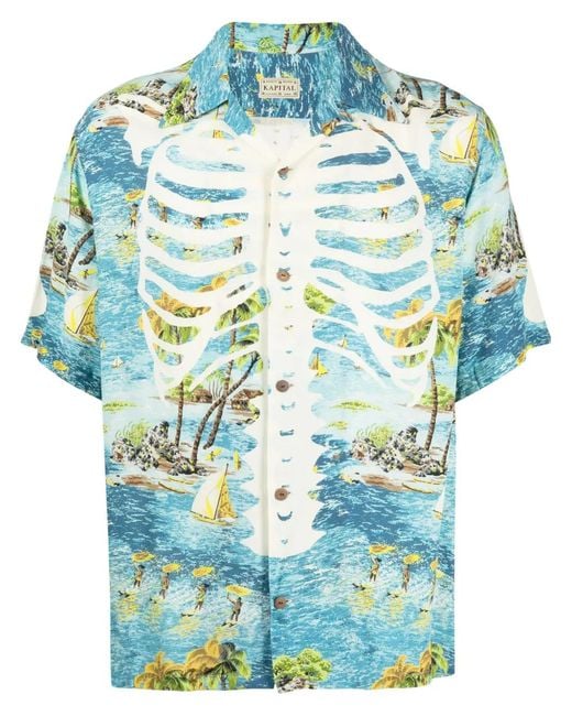Kapital Blue Kamekameha Bone Graphic-Print Shirt for men