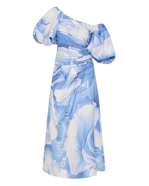 Aje. Blue Cadence Ruched One-Shoulder Midi Dress