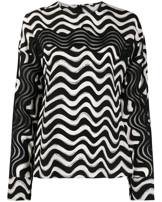 Stella McCartney Black Draped Sleeves Wave Print Blouse