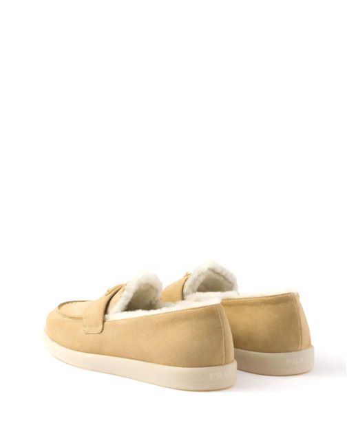 Prada Natural Suede-Shearling Triangle Loafers