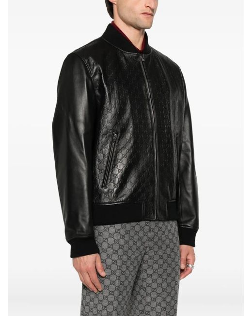 Gucci Black Embossed Gg Leather Bomber Jacket for men