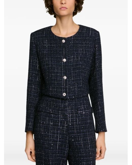 Sandro Blue Tweed-Effect Cropped Jacket
