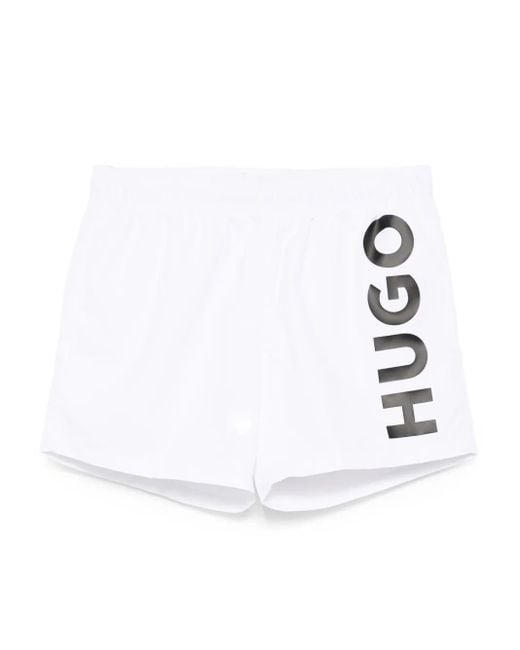 HUGO White Logo-Printed Swim Shorts for men