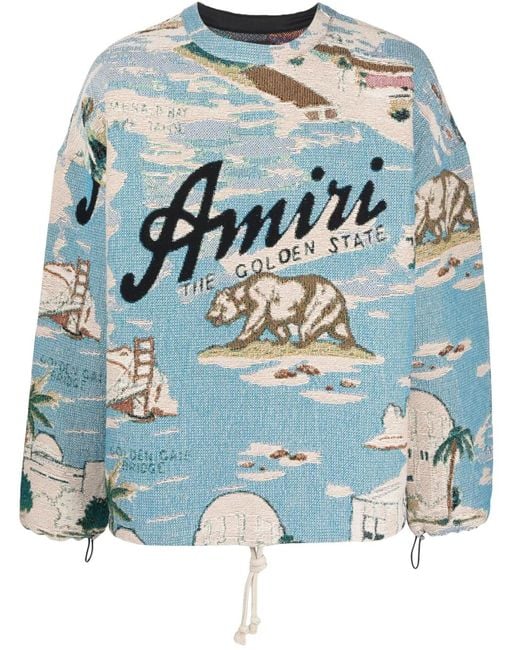 Amiri Blue Logo-Print Drawstring Cotton Jumper for men
