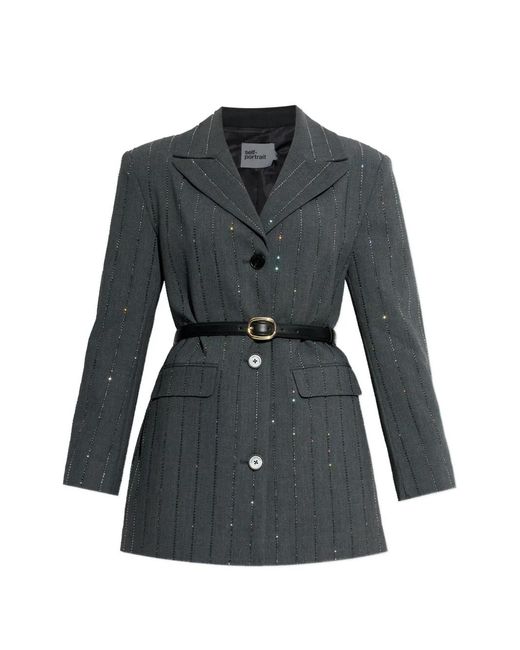 Self-Portrait Gray Rhinestone-Embellished Belted Blazer