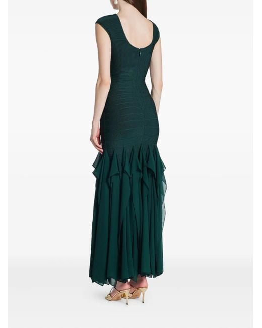 Hervé Léger Green Robe Longue Mya À Volants