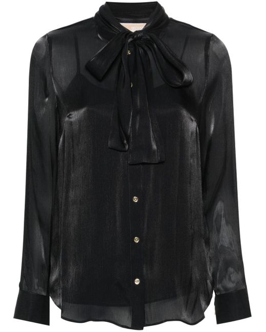 MICHAEL Michael Kors Black Iridescent Crinkled Pussy-bow Shirt