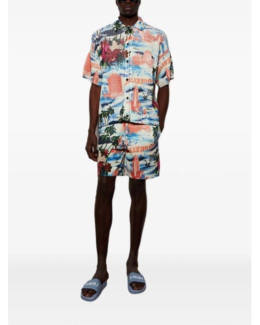 Amiri Blue Cityscape Printed Drawstring Shorts for men