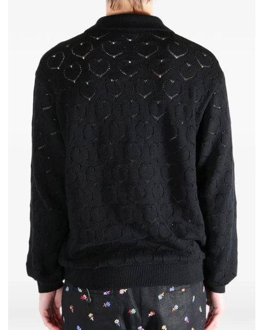 vowels Black Eyelet Heart-Motif Pointelle-Knit Jacket for men