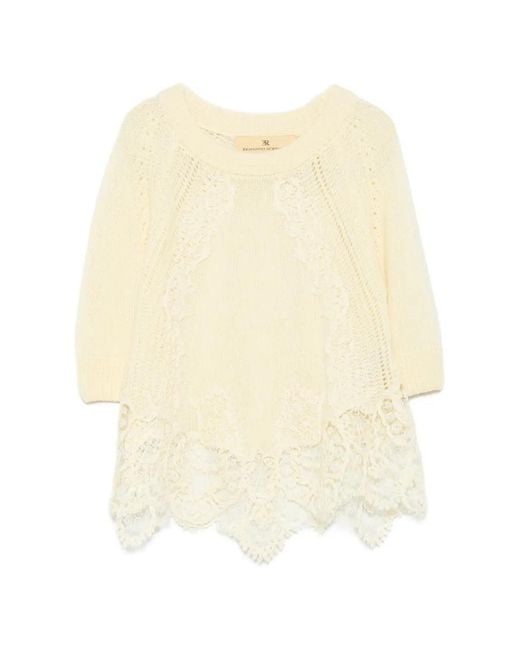 Ermanno Scervino Natural Lace-Trim Short-Sleeve Sweater