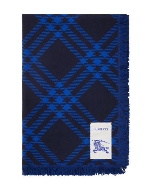 Burberry Blue Wide Check Wool Silk Scarf