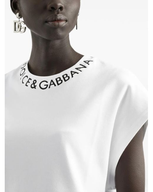 Dolce & Gabbana White Logo-Embroidered Cotton T-Shirt