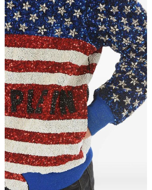 Philipp Plein Blue Sequin-Embellished Rhinestone-Star Bomber Jacket