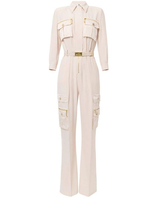 Elisabetta Franchi Natural Wide-Leg Belted Jumpsuit