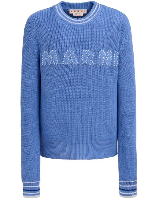 Marni Blue Logo-embroidery Cotton Jumper for men
