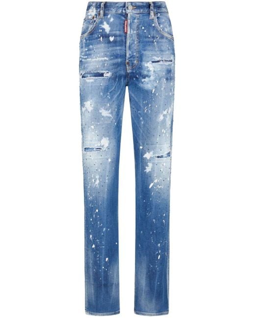 DSquared² Blue Embellished Distressed Straight-leg Jeans