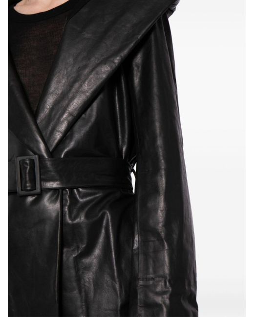 Rick Owens Black Drella Hooded Leather Coat