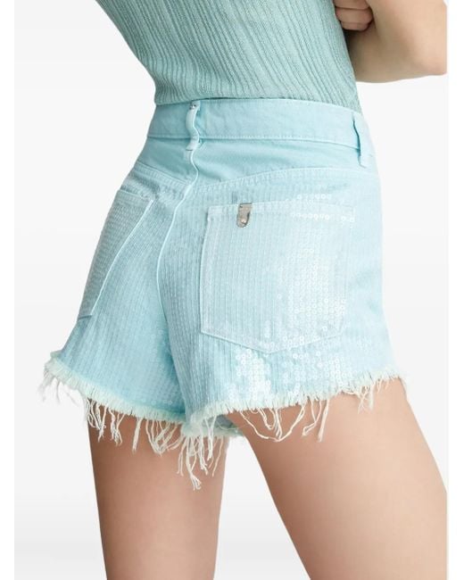 Liu Jo Blue Sequinned Frayed Shorts