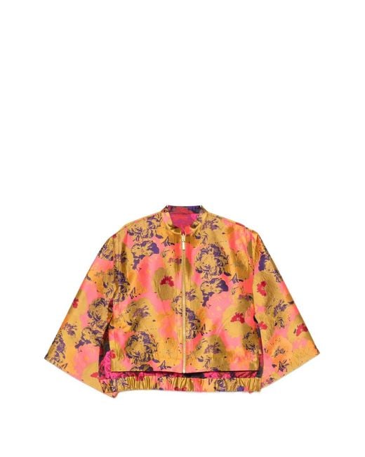 Psophia Orange Floral-Jacquard Wide-Sleeve Jacket