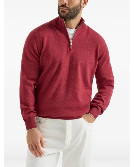 Brunello Cucinelli Red Cashmere Sweater With Half Zip for men