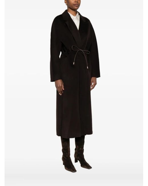Soft Goat Black Drawstring Waist Lapel Coat