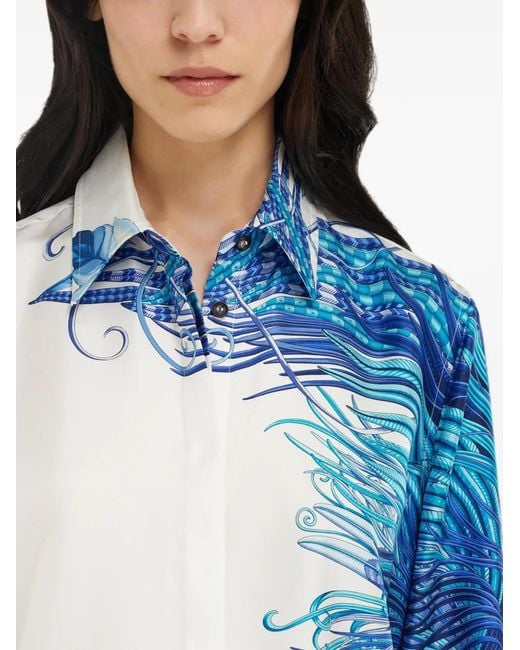 Ferragamo Blue Feather Show Print Silk Shirt
