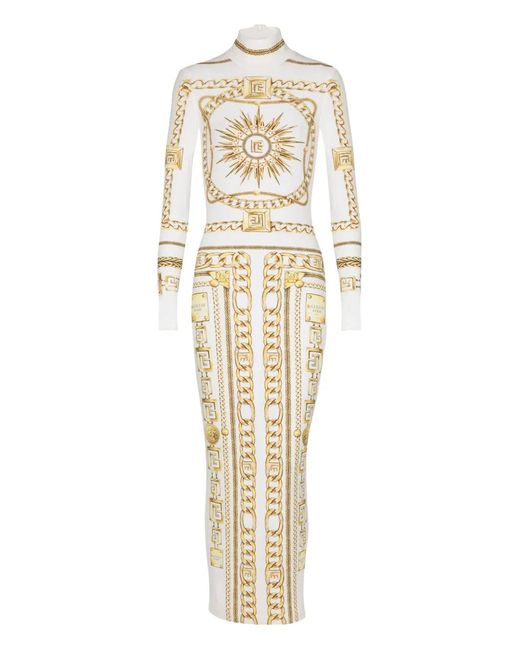 Balmain Metallic Jersey Chain Print Maxi Dress