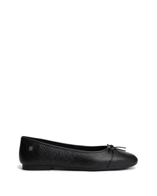 Tommy Hilfiger Black Monogram-Embossed Bow-Detail Ballet Flats