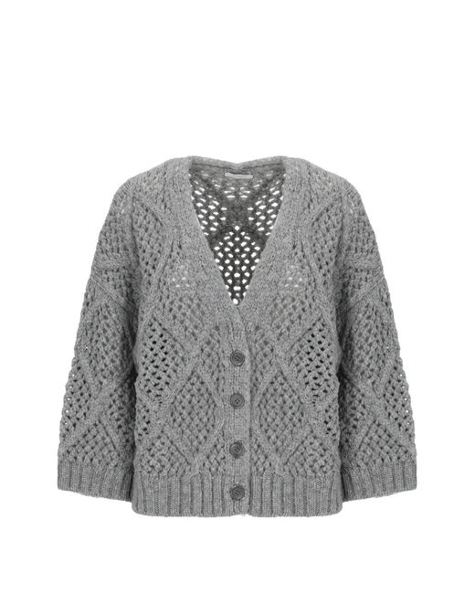 Peserico Gray Perforated-Knit Bead-Embellished Sweater
