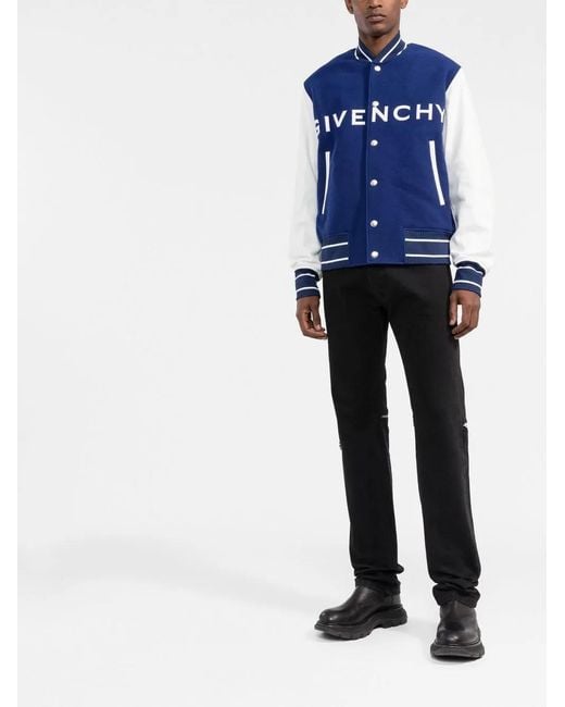 Givenchy Blue Logo-Detail Leather-Sleeve Varsity Jacket for men