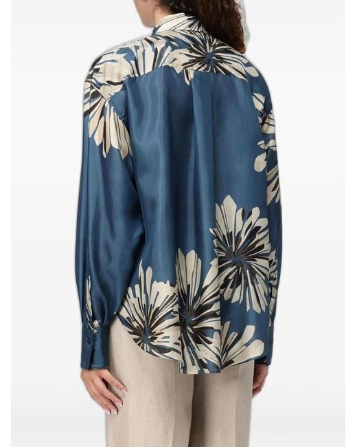 Brunello Cucinelli Blue Floral-Print Silk Shirt