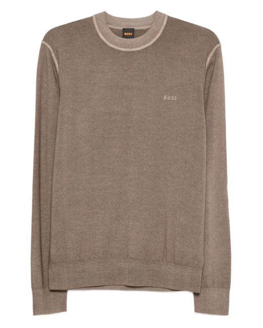 Boss Brown Crew-Neck Virgin-Wool Sweater for men