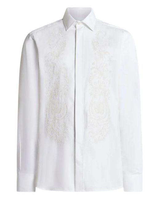 Etro White Floral Paisley Embroidery Cotton Shirt for men