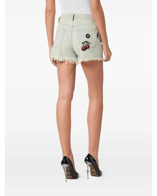 Philipp Plein Gray Denim Shorts Cherries