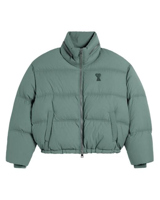 AMI Green Cropped Puffer Jacket With High Stand Collar for men