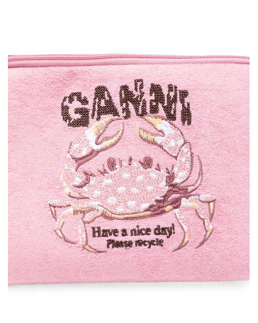 Ganni Pink Crab-Embroidered Bikini Pouch