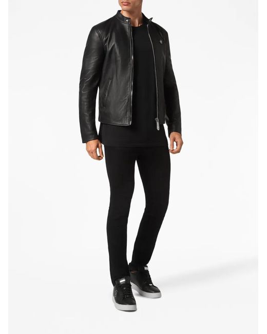 Philipp Plein Black Logo-Patch Leather Jacket for men