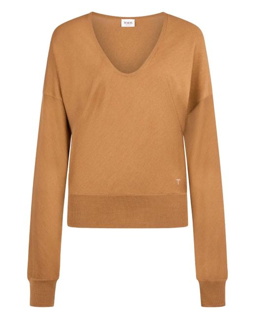Tod's Brown V-Neck Wool-Silk Blend Sweater