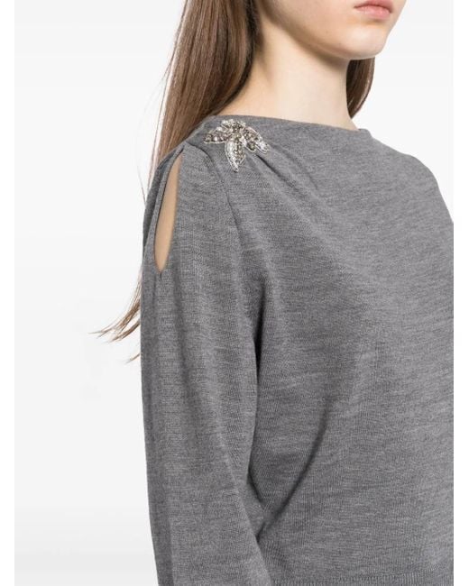 Erdem Gray Glass Crystal Embellishment Wool Knitted Top